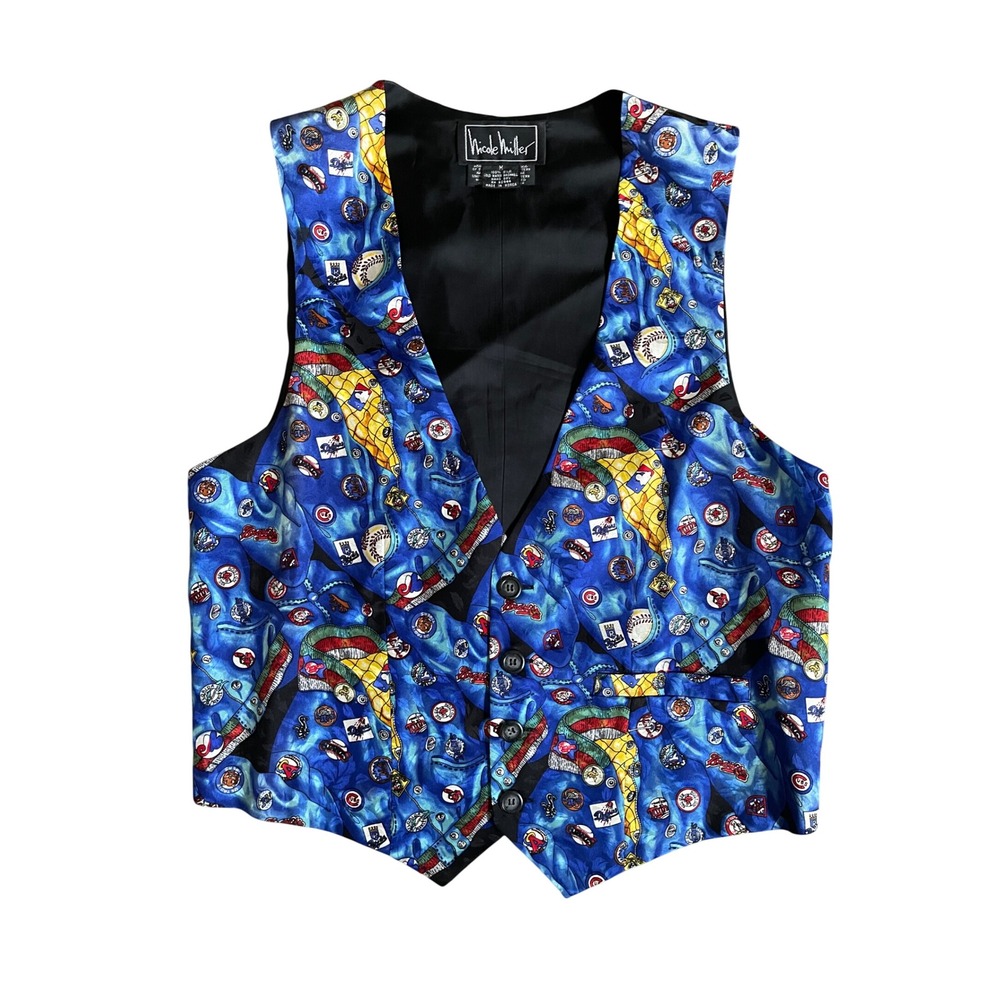 Vintage Nicole Miller Silk MLB Baseball Team Logo Print Vest Blue Mens Medium